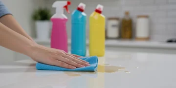 Person dabbing spill on white kitchen counter with cleaning cloth