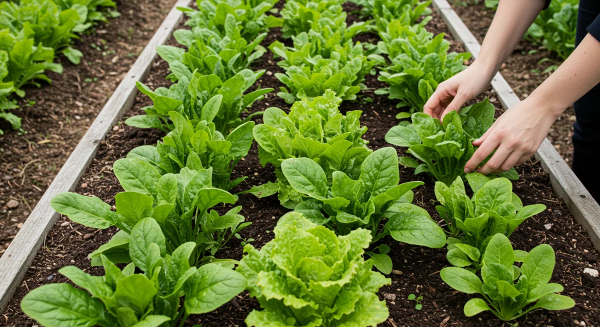 Freshly harvested leafy greens in a raised garden bed, easy for home growers.