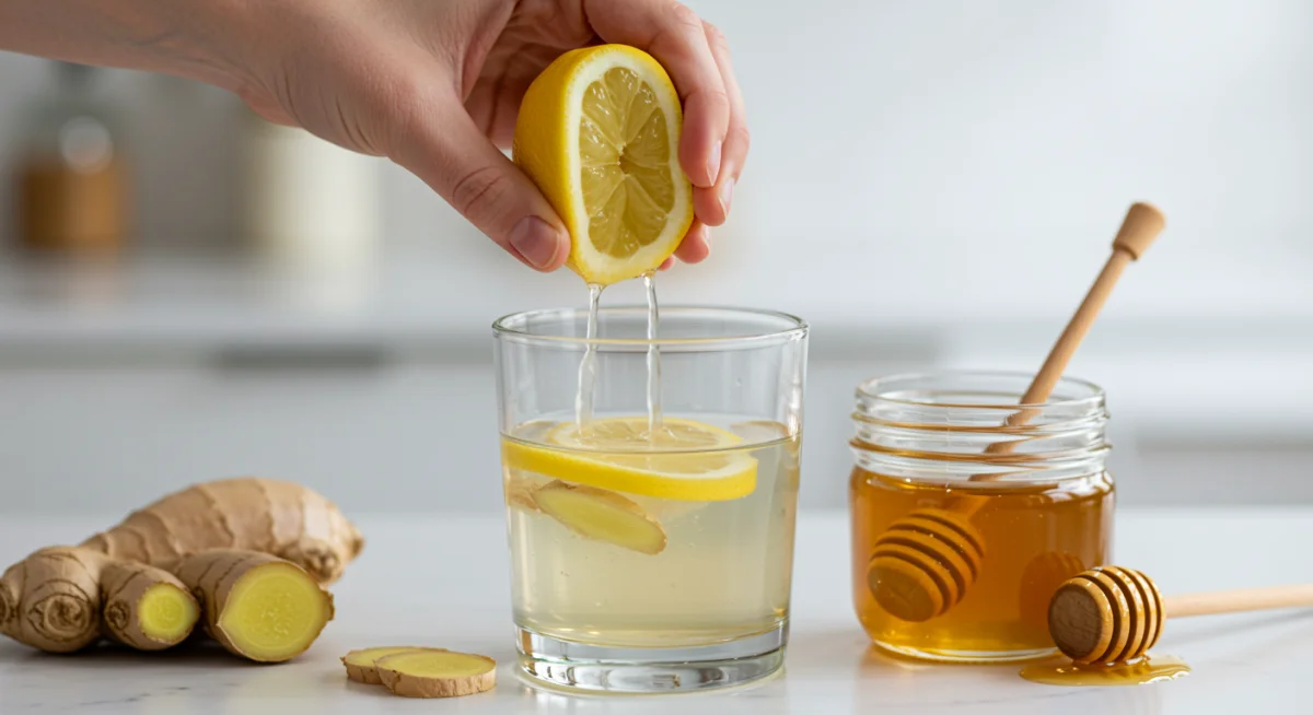 Hand squeezing lemon into ginger and honey water for immune support.