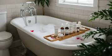 Luxurious at-home spa setup with botanical elements and soft lighting