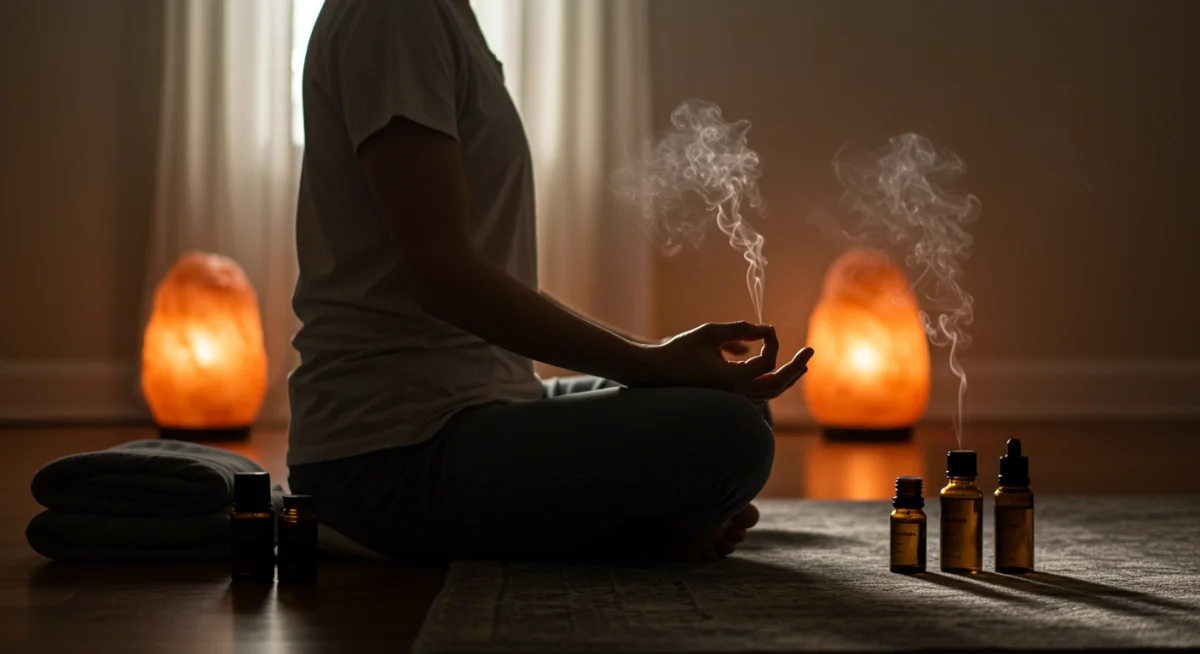 Person meditating with essential oil diffuser and Himalayan salt lamp