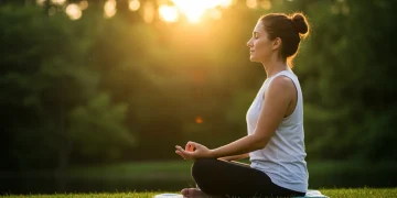 Person meditating peacefully outdoors at sunset, embodying stress reduction