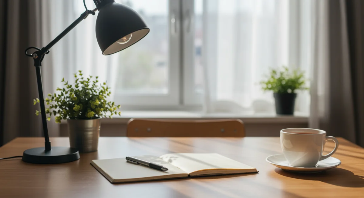 Clutter-free desk with journal and plant for mindful activities