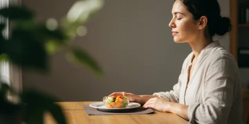 Person practicing mindful eating with a small, healthy meal.