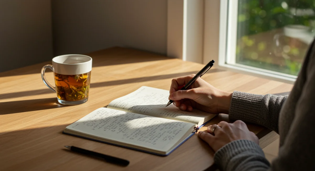 Person mindfully journaling at a minimalist desk with natural light