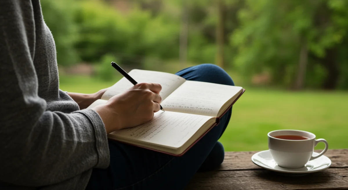 Person journaling outdoors, practicing mindful reflection and self-awareness.