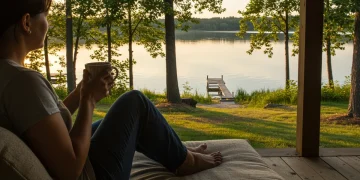 Embrace Slow Living: 7 Mindfulness Practices for Your US Daily Routine Person enjoying mindful morning coffee by a serene lake at sunrise