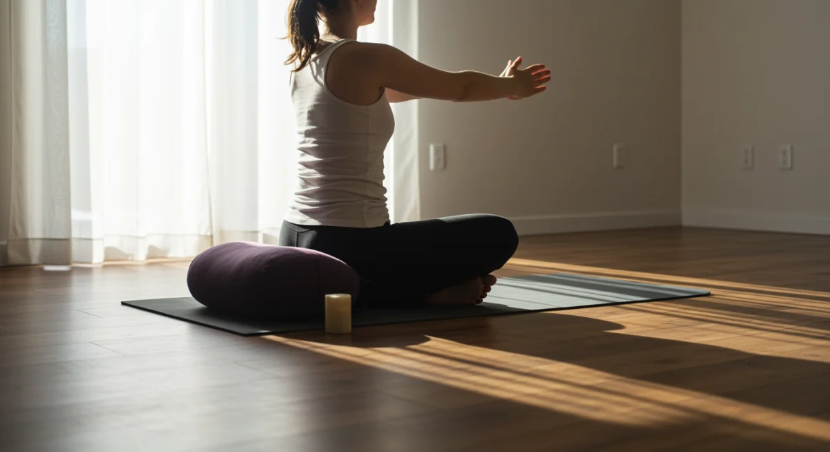 Person meditating and stretching in a calm, naturally lit room