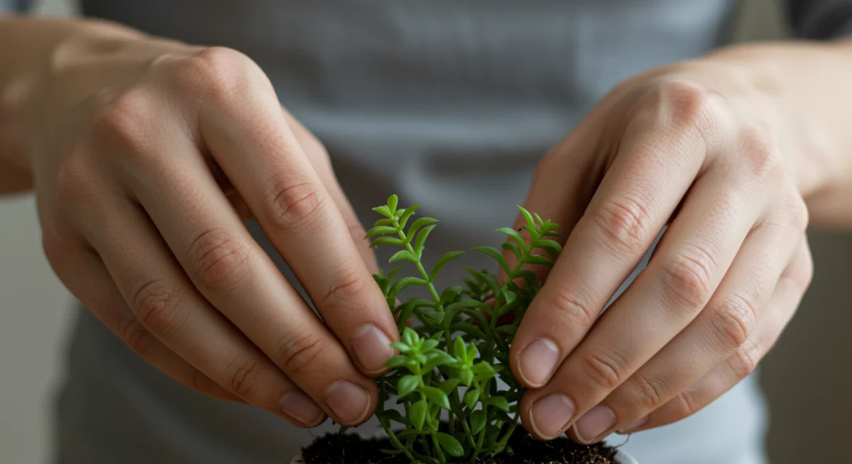 Mindful hands watering a small indoor plant, connecting with nature
