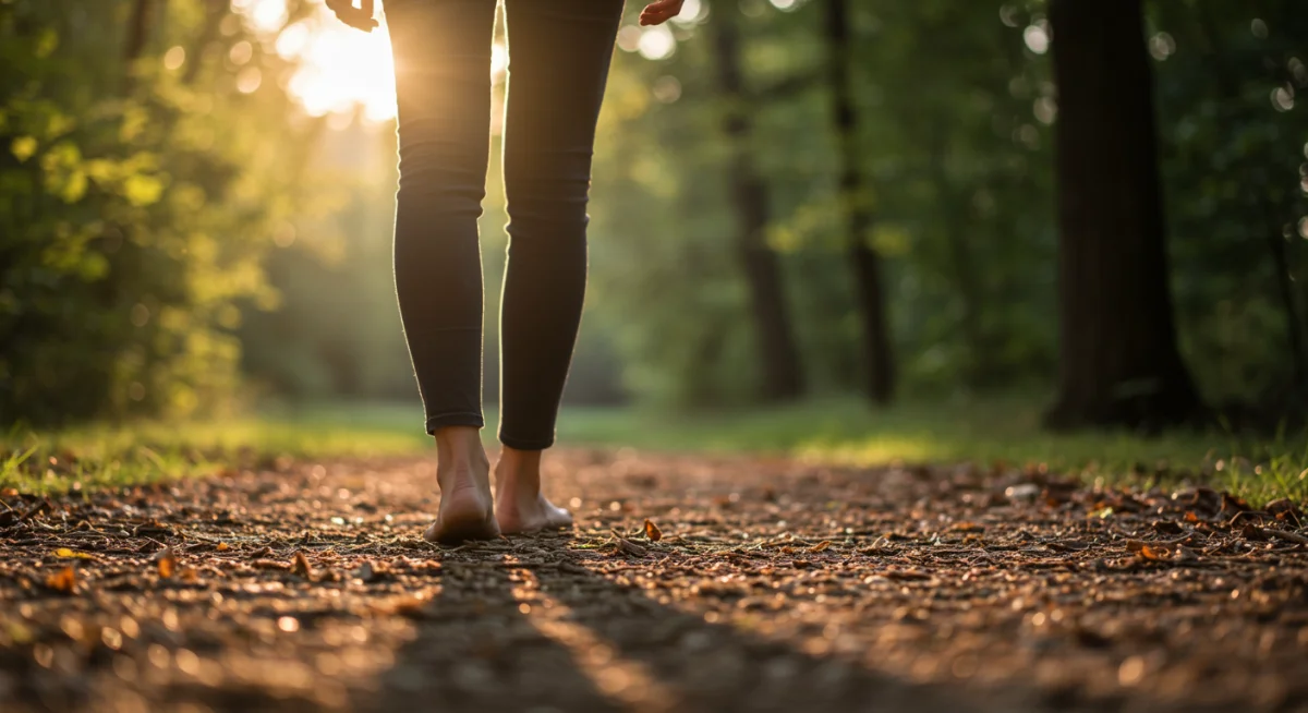 Person mindfully walking on a peaceful nature trail, demonstrating the practice of mindful movement and its impact on mental clarity.