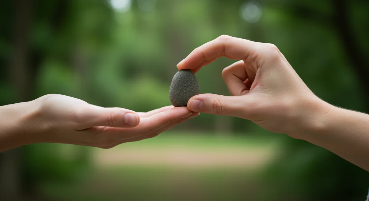 Hand holding a smooth stone, symbolizing a mindfulness anchor for daily practice.