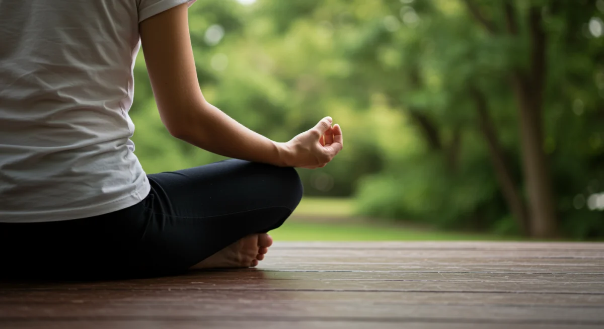 Person meditating peacefully in nature, representing mental clarity and stress reduction for productivity.