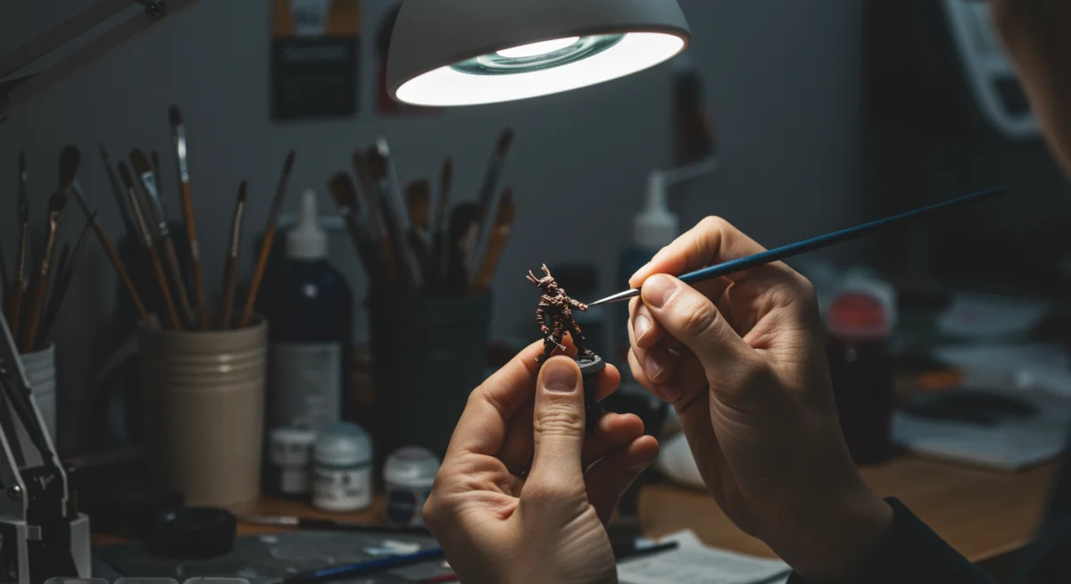 Hands meticulously painting a miniature figurine, illustrating the precision and focus required in this popular hobby.