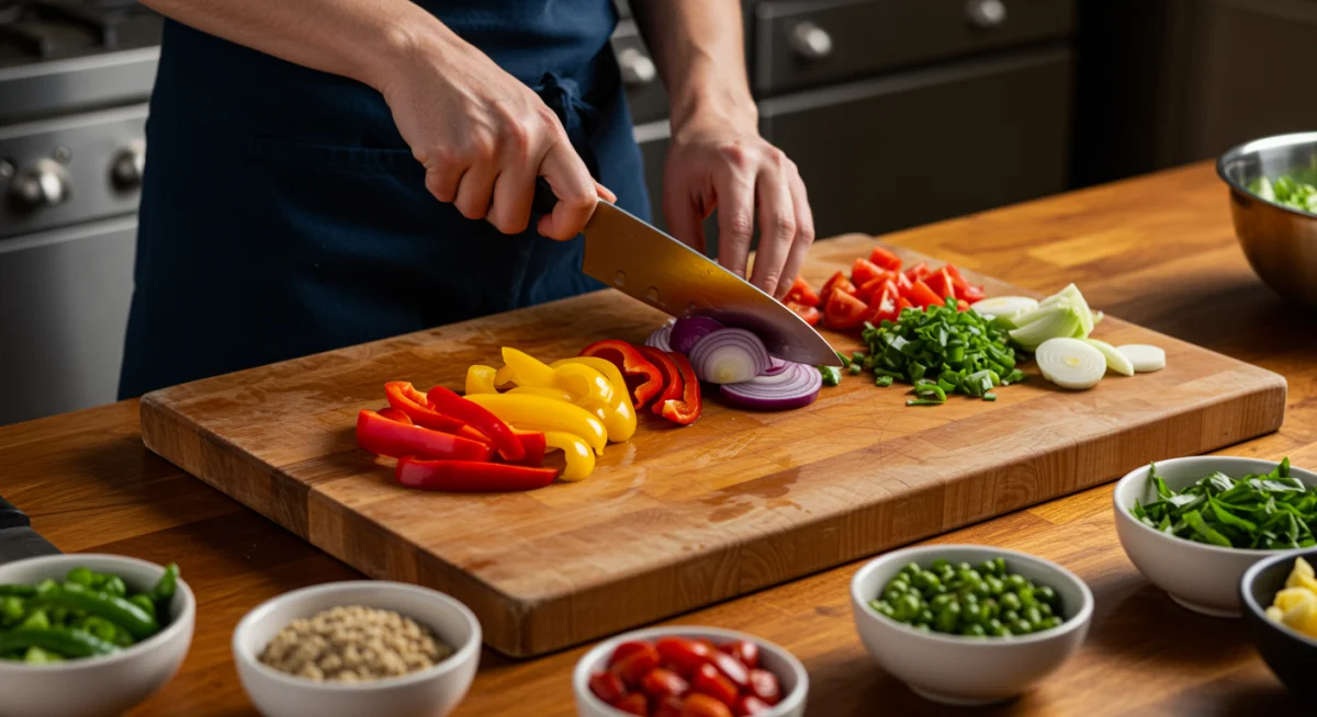 Person practicing mise en place with chopped vegetables.