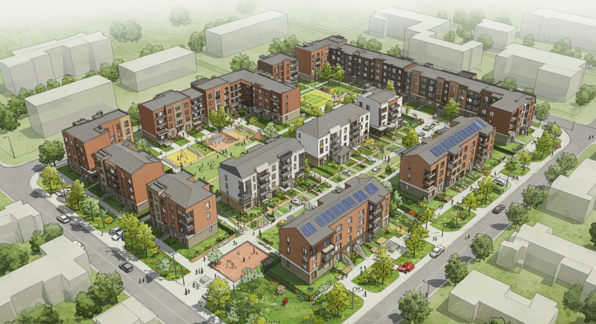Modern mixed-income housing development showing sustainable design and community features.