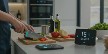 Modern kitchen with smart appliances and a person efficiently chopping vegetables.