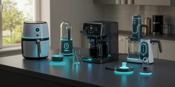 Modern kitchen with advanced smart gadgets on a pristine counter