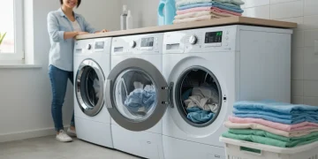 Modern laundry room with efficient machines and freshly washed clothes