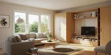 Modern organized living room with integrated smart storage