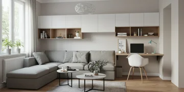 Modern small apartment living room with integrated storage furniture