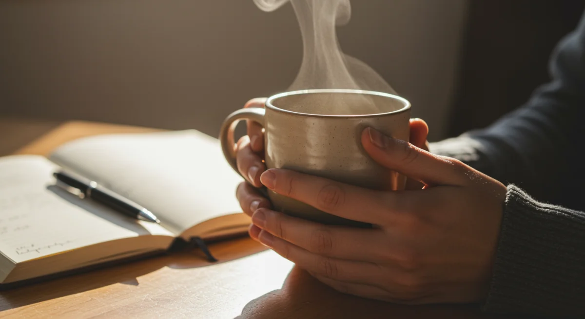 Hands holding a warm mug, with a journal nearby, representing morning reflection.