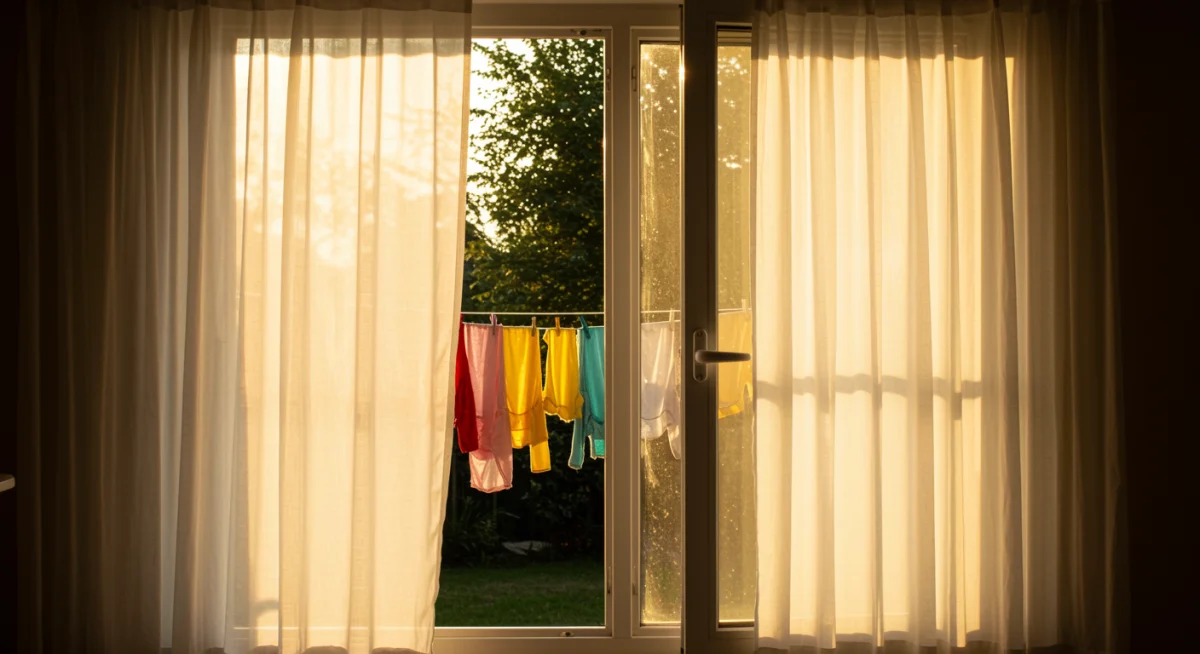 Open window with breeze and clothesline for natural drying