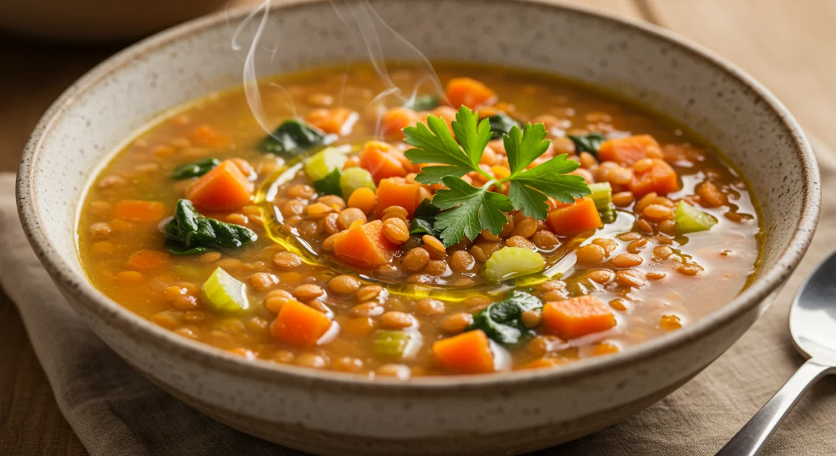 Hearty lentil soup with fresh herbs, a nutritious immune-boosting meal.