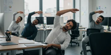 Mastering Desk Stretches: Alleviate Back Pain & Boost Productivity by 40% Office workers performing desk stretches for back pain relief and improved posture.