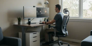 Optimized home office setup with ergonomic chair and desk for strain reduction