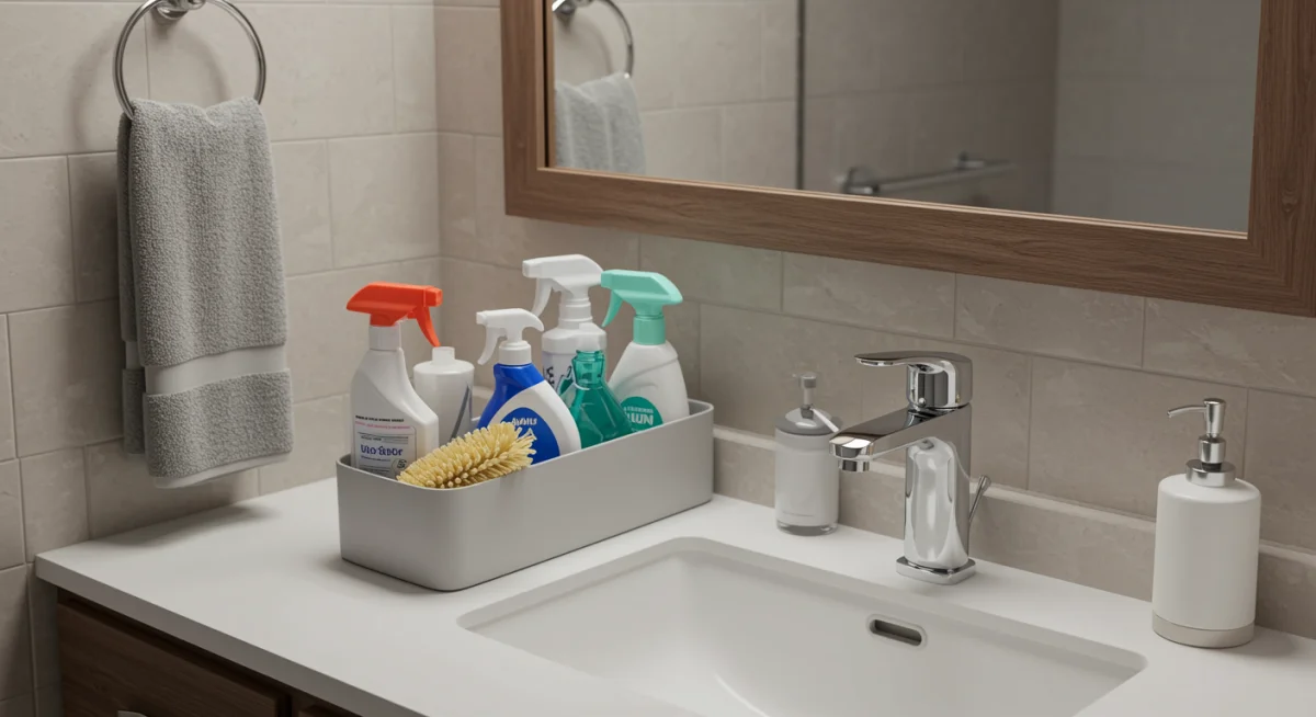 Organized bathroom vanity with smart storage and cleaning supplies.