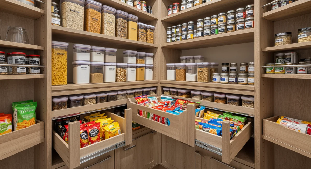 Efficiently organized pantry with clear containers and tiered shelving.