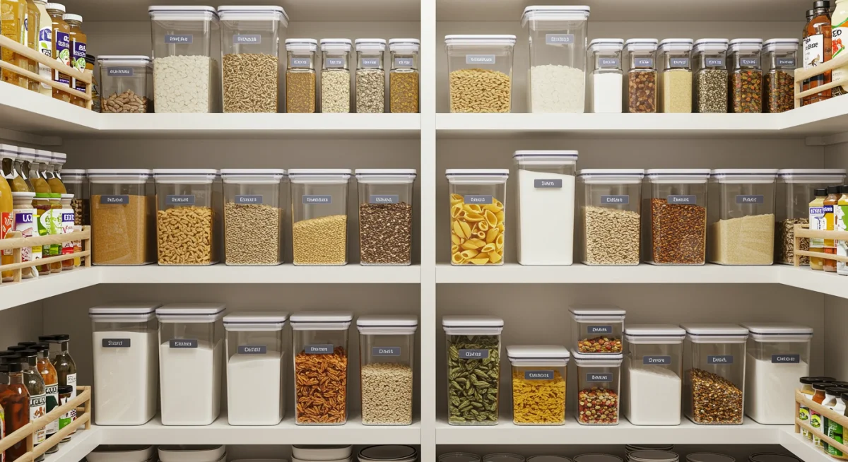 Organized pantry with clear, labeled containers for dry goods.