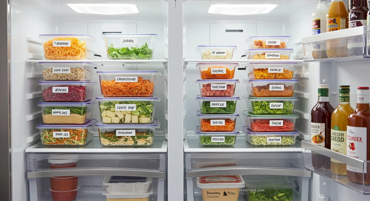 Organized refrigerator with labeled meal prep containers.