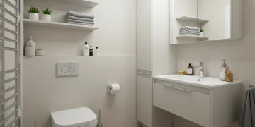 Organized small bathroom with floating shelves and mirrored cabinet