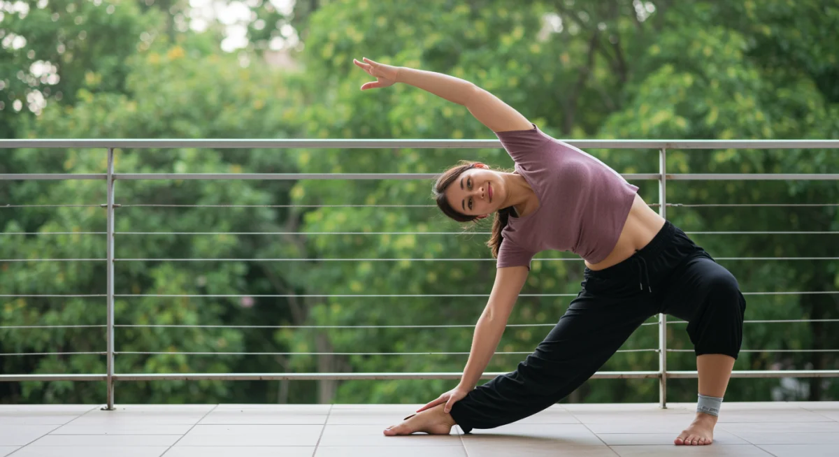 Person stretching outdoors, promoting physical activity as part of a morning routine.