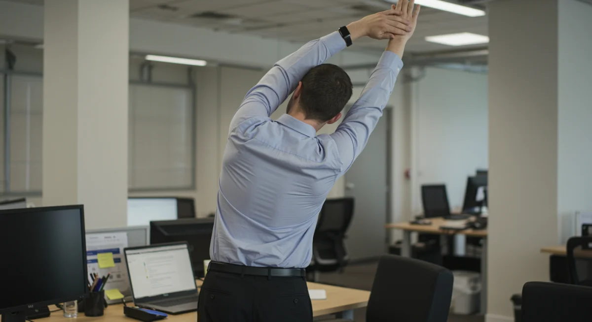 Person performing an overhead reach stretch at their desk to relieve back tension.