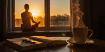 Person meditating in a calm, sunlit room, symbolizing a peaceful morning routine.