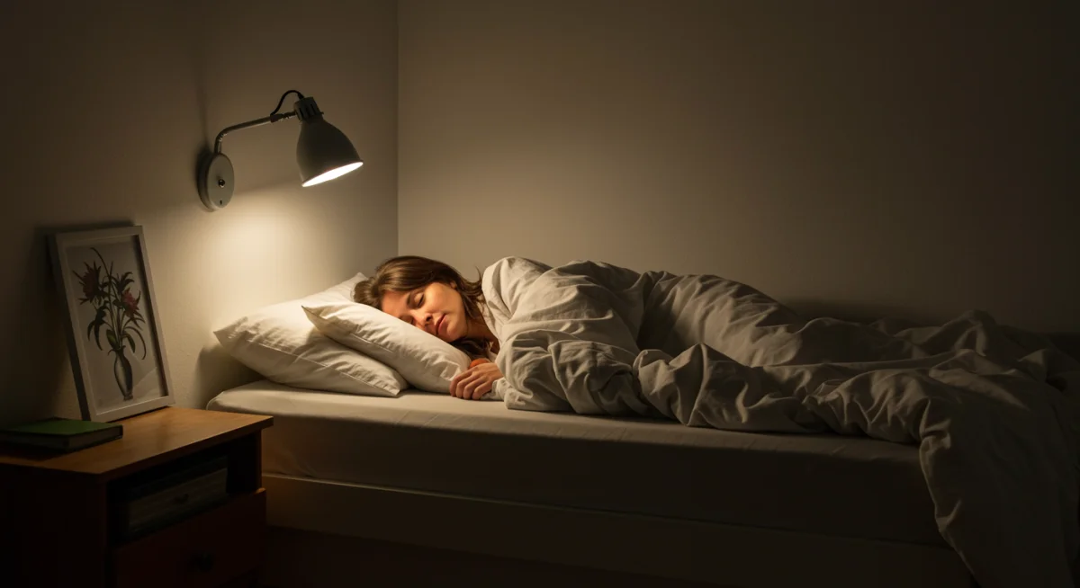 Person sleeping soundly in a calm, minimalist bedroom with warm lighting.