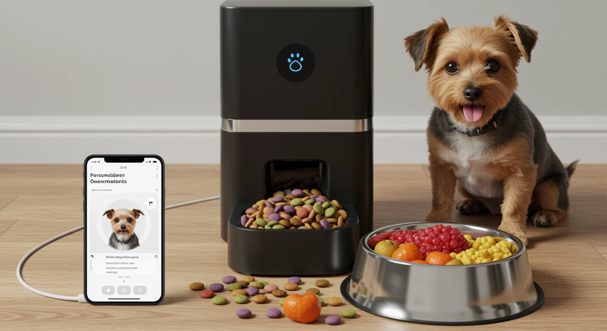Smart pet food dispenser with personalized nutrition plan for small dog.