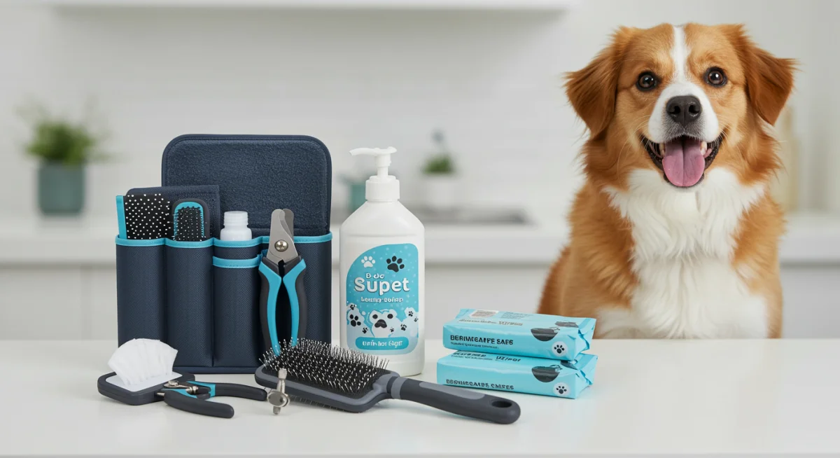 Organized pet grooming tools and a well-groomed, happy dog.