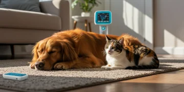 Happy golden retriever and calico cat resting, surrounded by modern pet wellness tech.