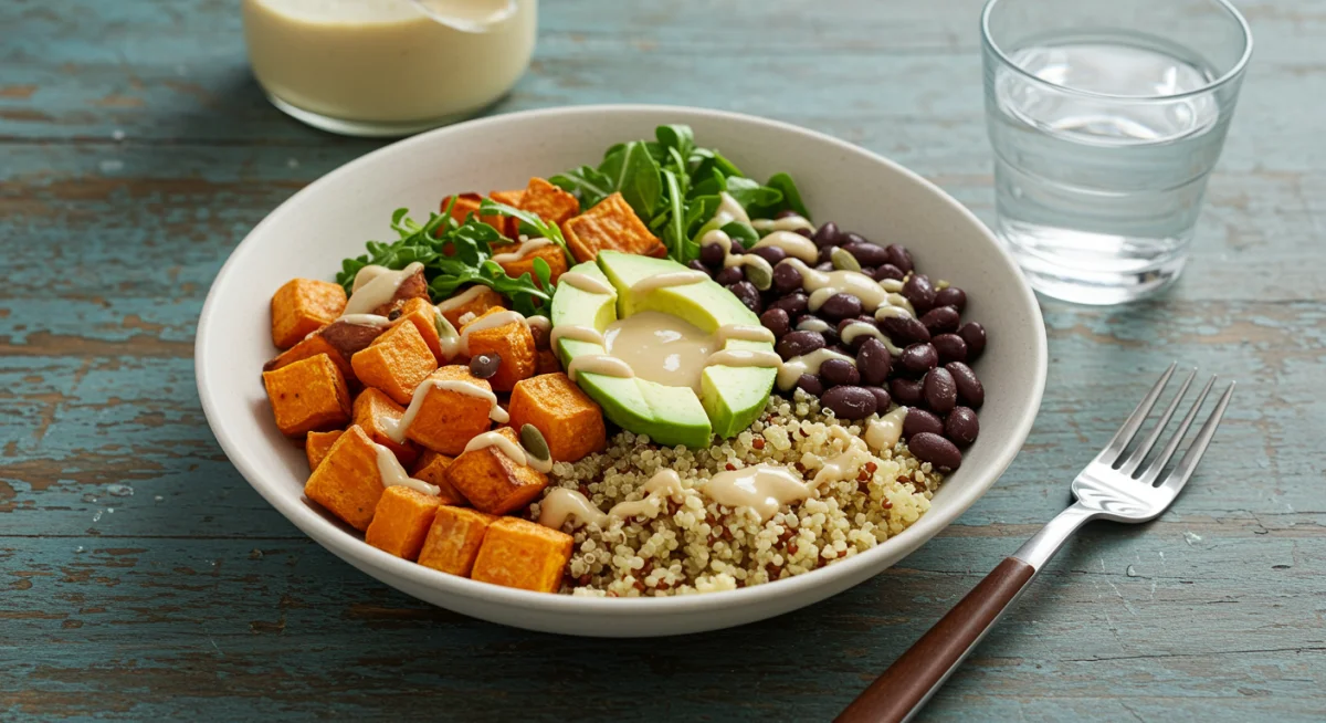 Delicious and nutritious plant-based Buddha bowl with quinoa and vegetables.