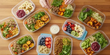 Colorful plant-based meal prep containers on a kitchen island, ready for the week.