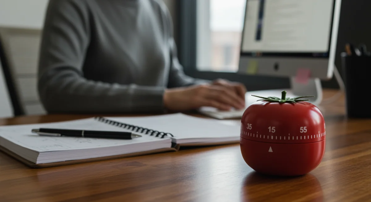 Pomodoro Technique timer on a desk, symbolizing focused work intervals and time management.