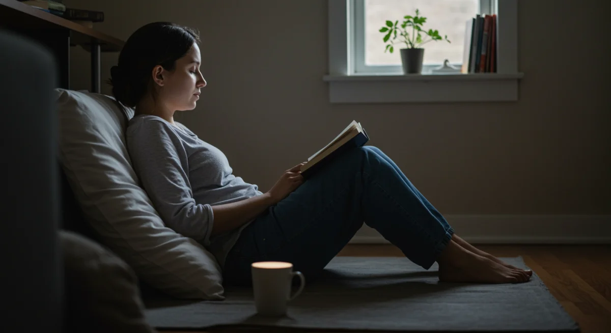 Individual performing a calm pre-sleep routine like reading or stretching, promoting relaxation.