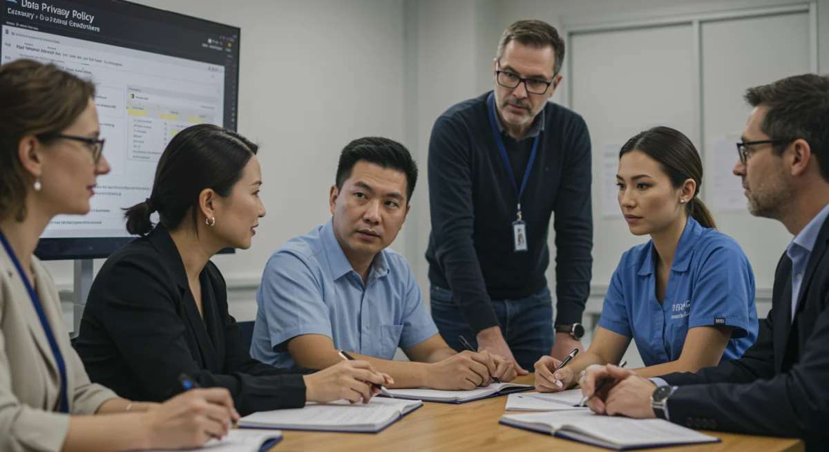 Public service employees undergoing data privacy training, reviewing policy guidelines.