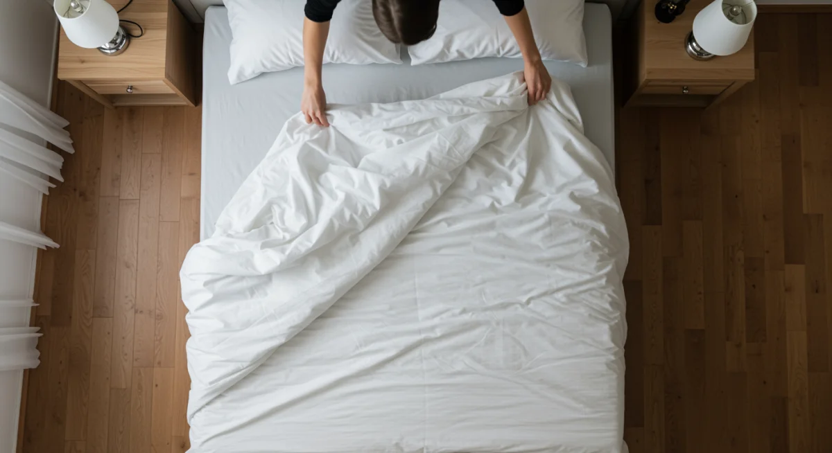 Person quickly making a bed in a tidy, minimalist bedroom