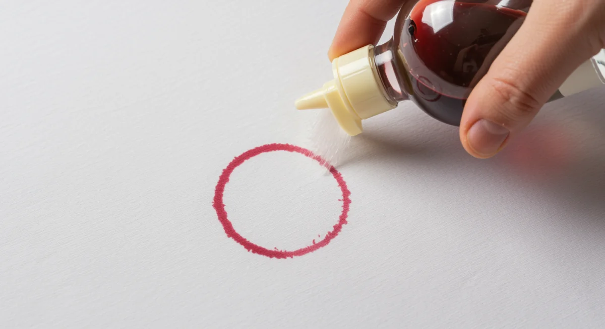 Hand applying white vinegar to red wine stain on white fabric