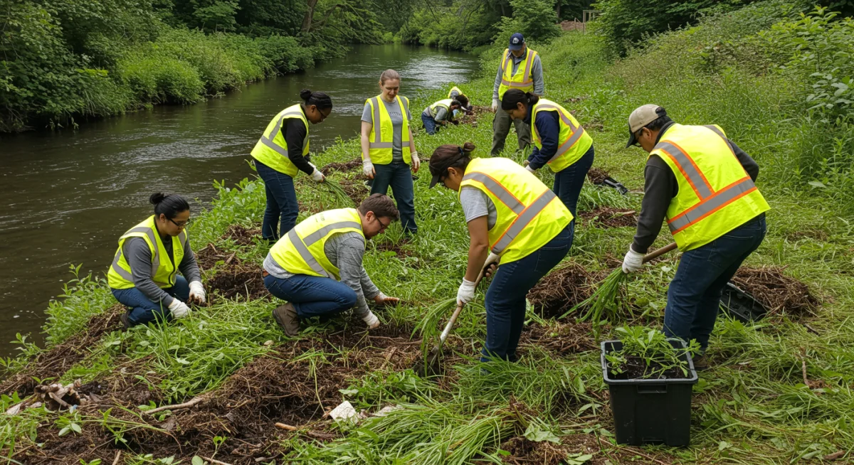 Scientists and community members collaborating on river restoration and native planting.