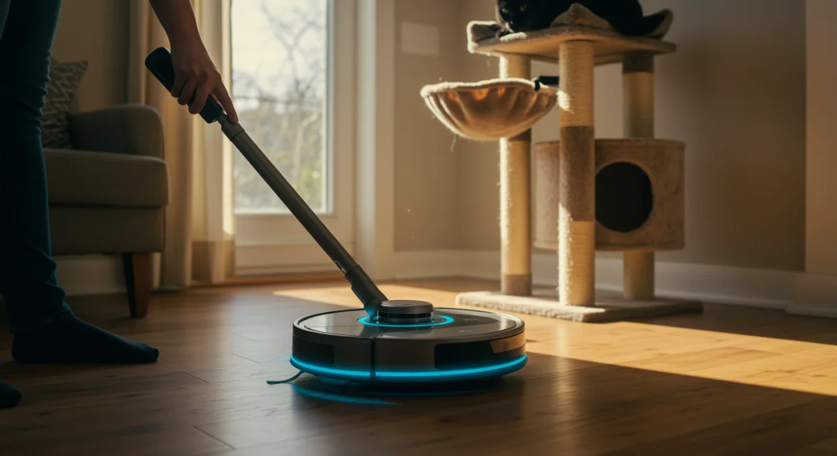 Robotic vacuum cleaning pet hair from hardwood floor, watched by a curious cat.